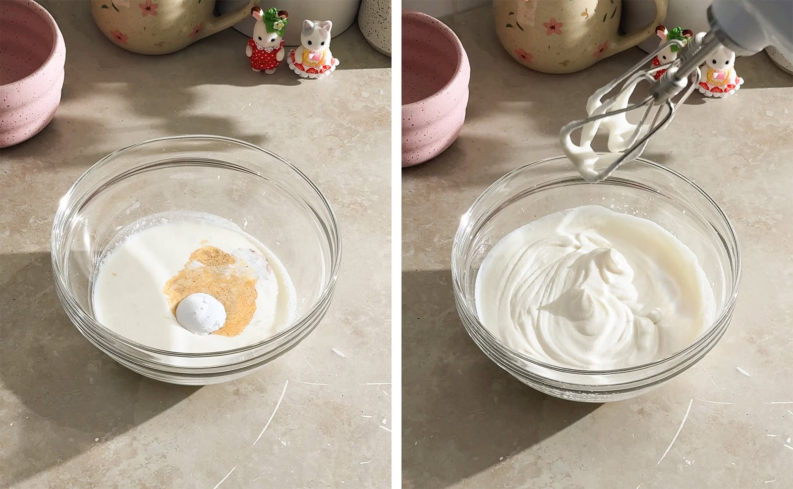 Left to right: ingredients for whipped cream in a mixing bowl, whipped cream in a bowl with hand mixer above it.