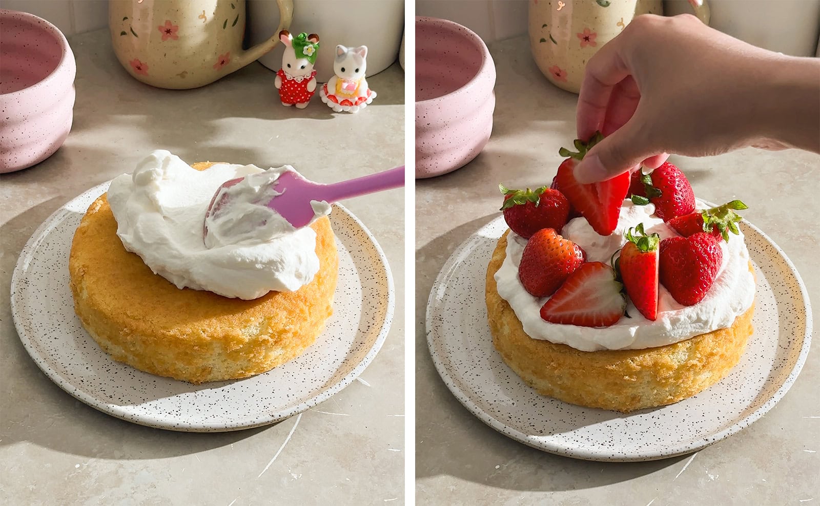 Left to right: spreading whipped cream on top of a cake with a spatula, hand placing a strawberry on top of a cake.