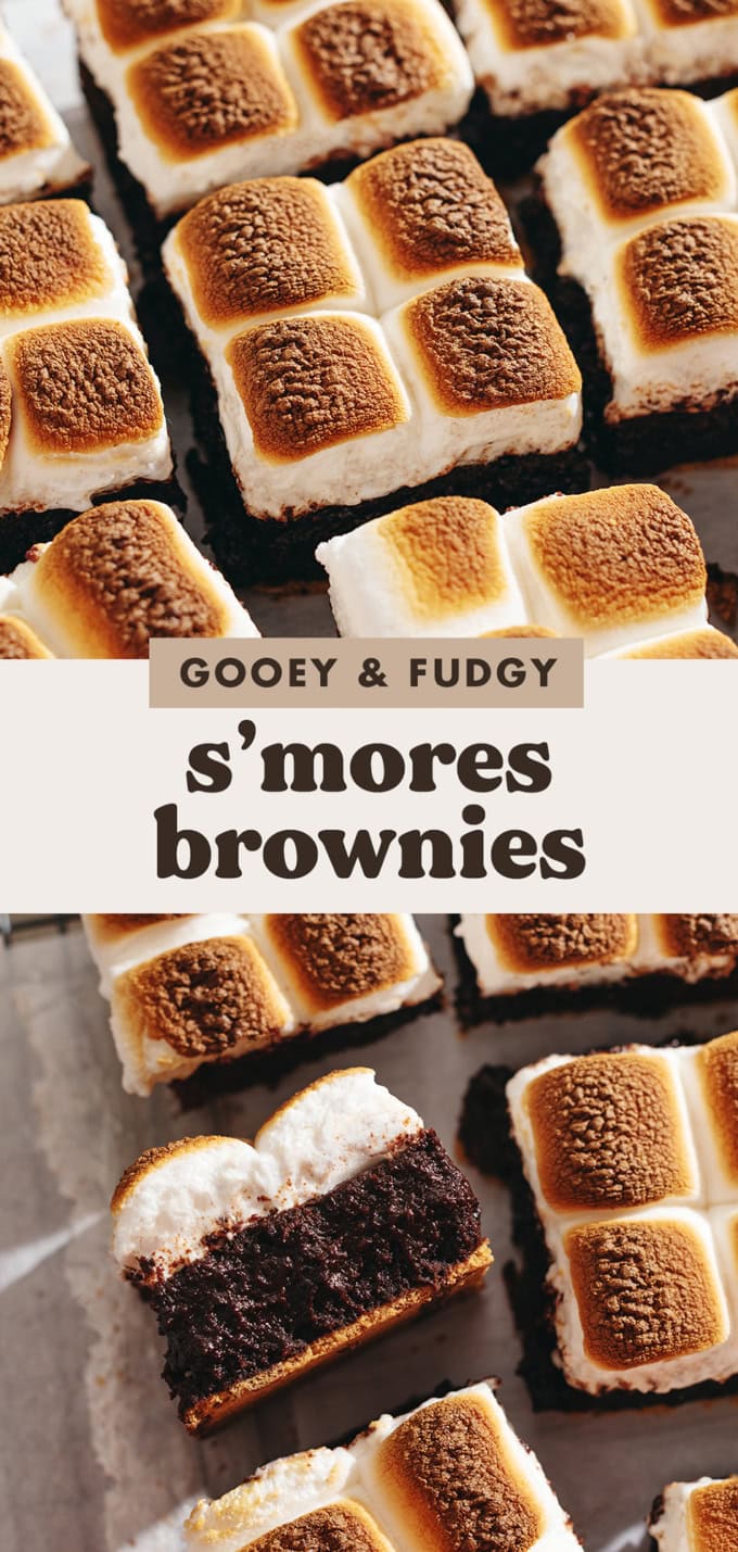 Two images of s'mores brownies with a text overlay that says "gooey and fudgy s'mores brownies".