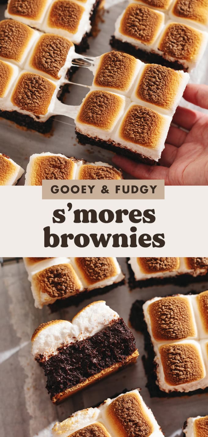 Two images of s'mores brownies with a text overlay that says "gooey and fudgy s'mores brownies".