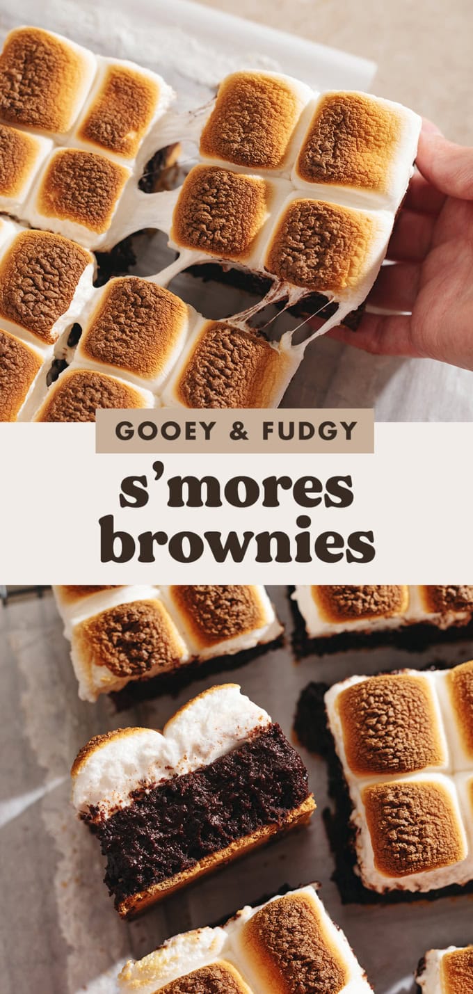 Two images of s'mores brownies with a text overlay that says "gooey and fudgy s'mores brownies".