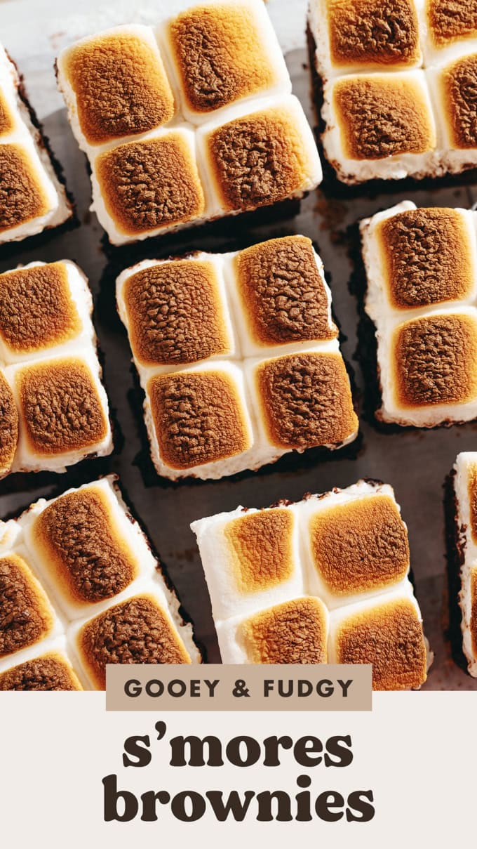 Top down view of s'mores brownies lined up on parchment paper.