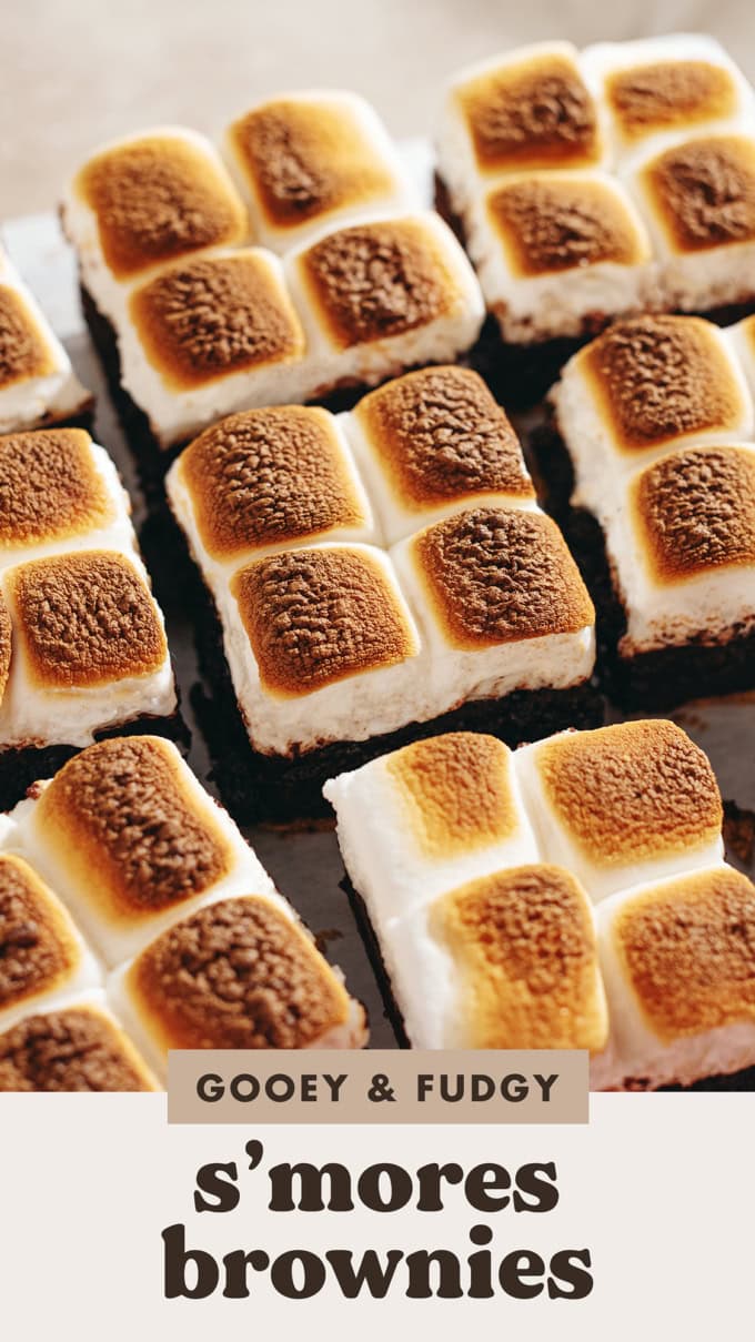 S'mores brownies lined up side by side with toasted marshmallows on top.