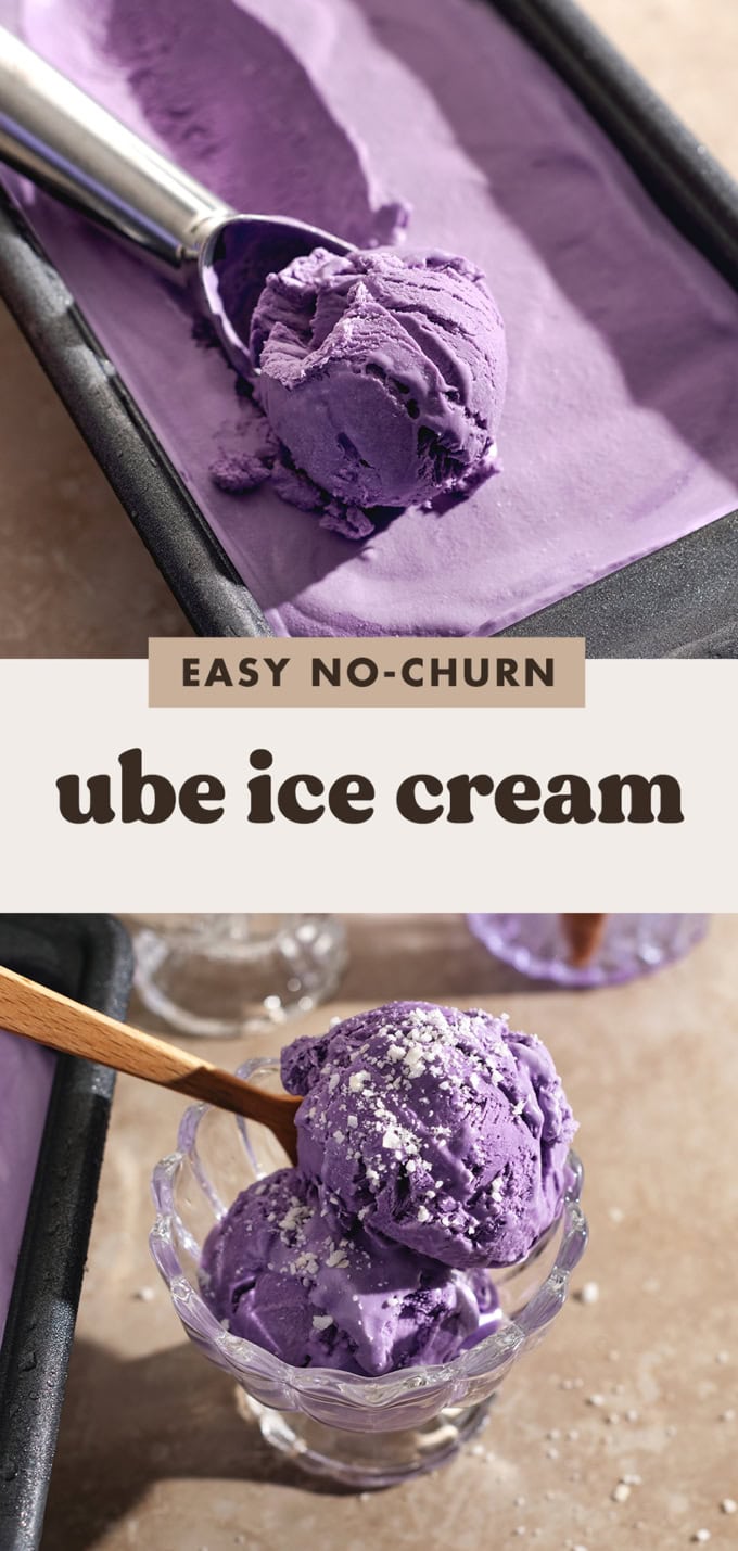 Two images of ube ice cream with a text overlay that says "easy no-churn ube ice cream".