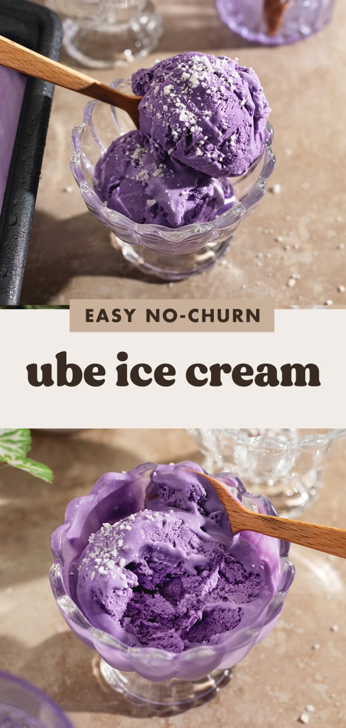 Two images of ube ice cream with a text overlay that says "easy no-churn ube ice cream".