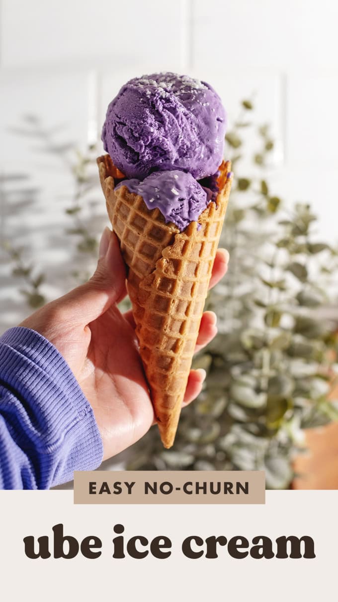 Hand holding a waffle cone with two scoops of purple ice cream.