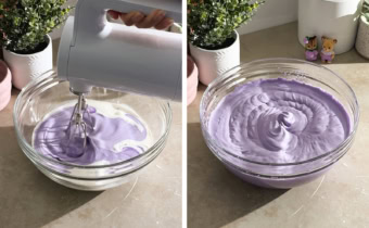 Left to right: mixing ube extract with heavy cream with a hand mixer, ube whipped cream in a mixing bowl.