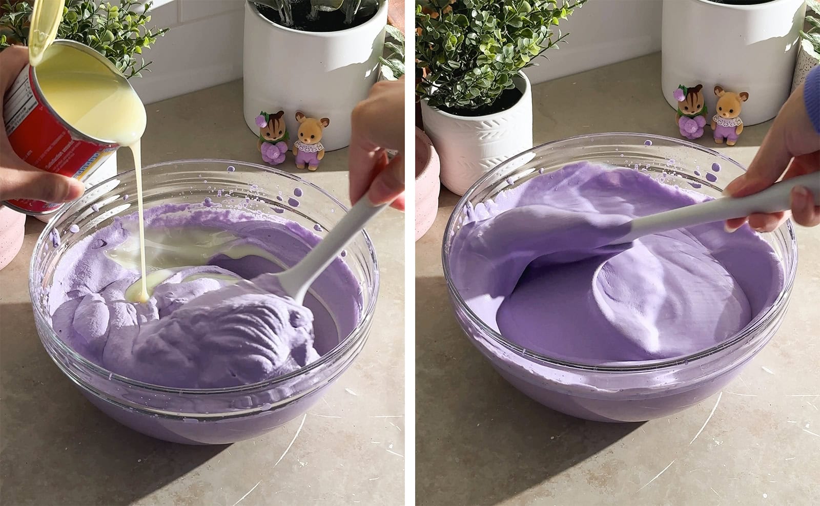 Left to right: pouring condensed milk into a bowl of whipped cream, folding ice cream mixture with a spatula.