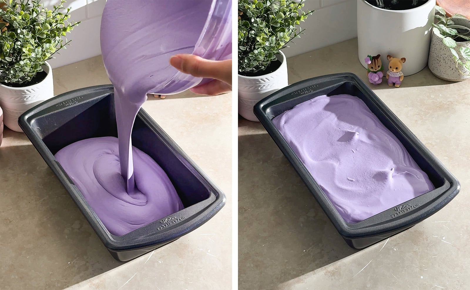 Left to right: pouring ice cream mixture into a loaf pan, loaf pan filled with ube ice cream mixture before freezing.