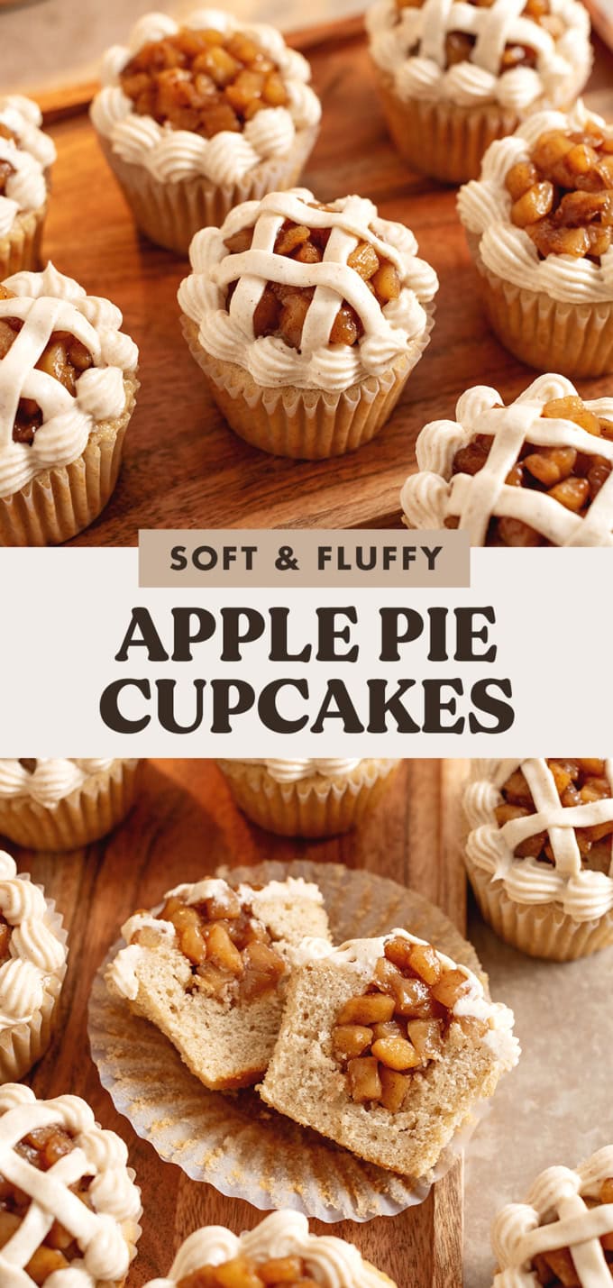 Two images of apple pie cupcakes with a text overlay that says "soft and fluffy apple pie cupcakes".