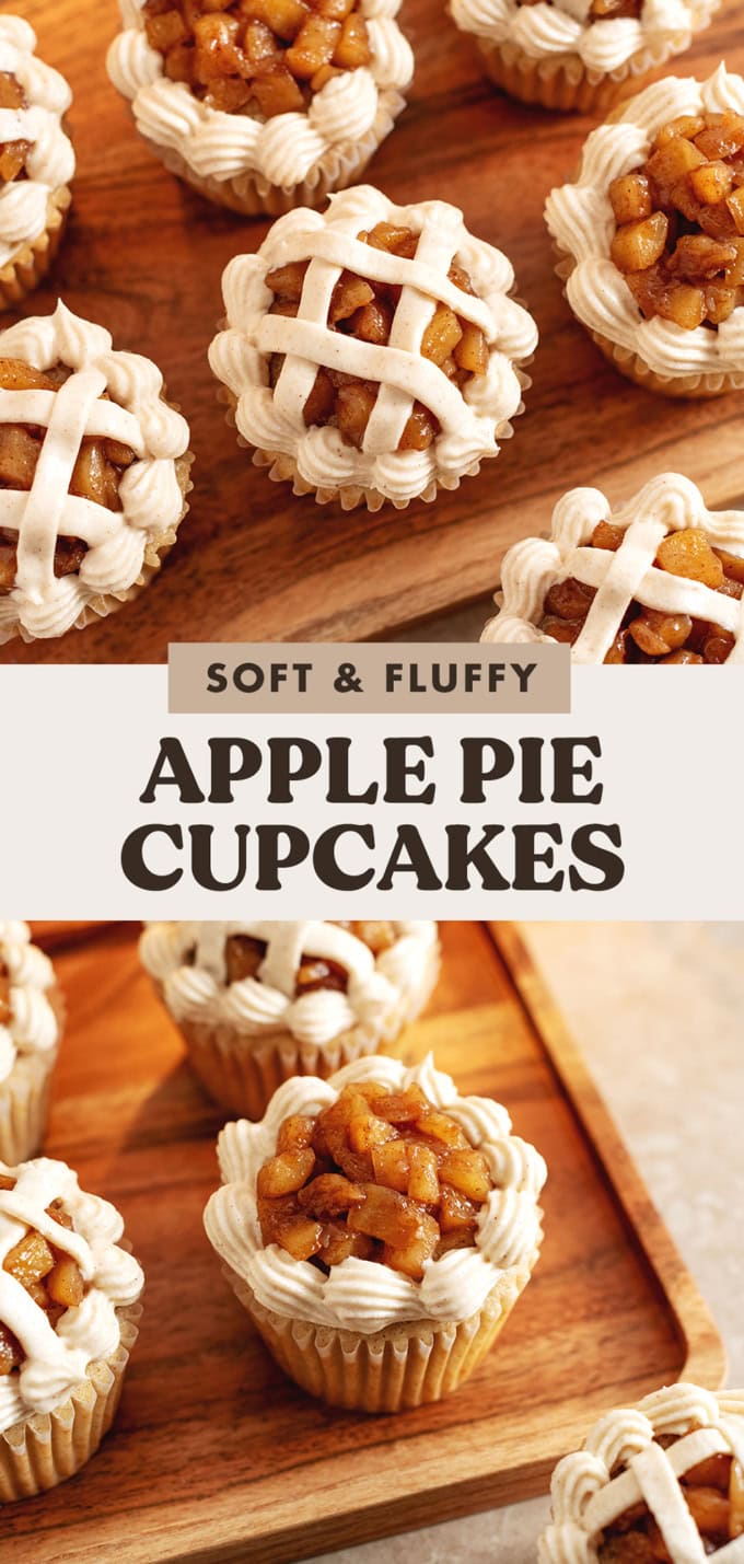 Two images of apple pie cupcakes with a text overlay that says "soft and fluffy apple pie cupcakes".