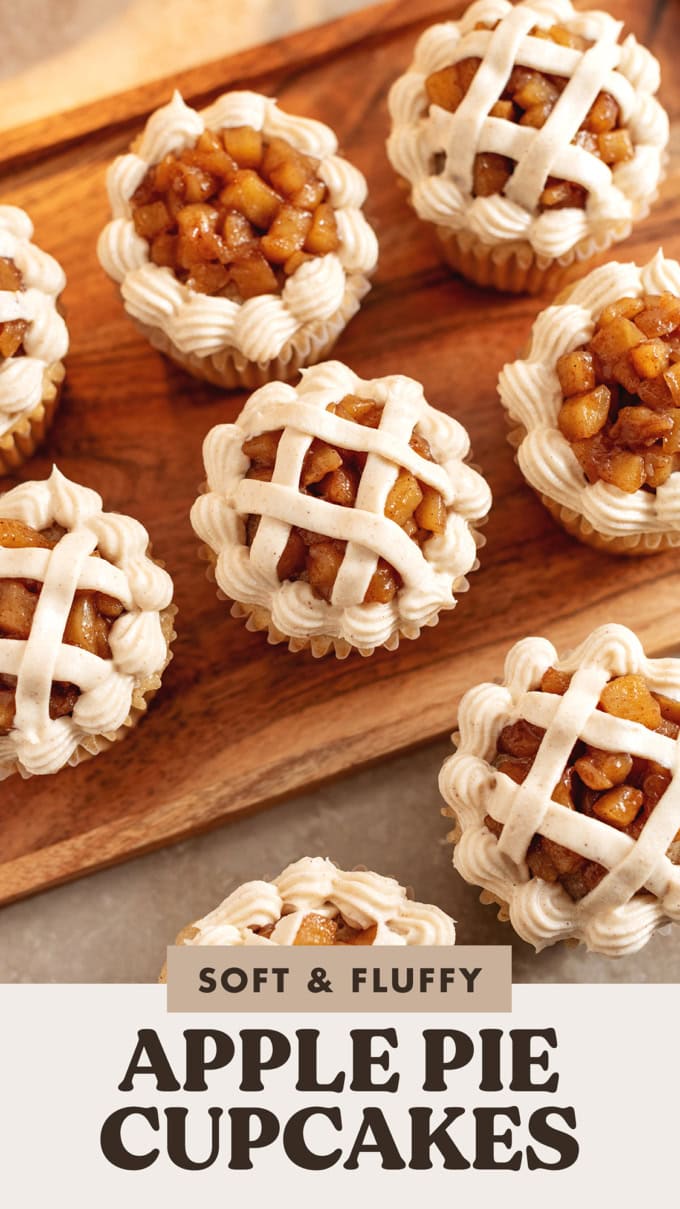 Top down view of several apple pie cupcakes showing the pie lattice frosting design on top.
