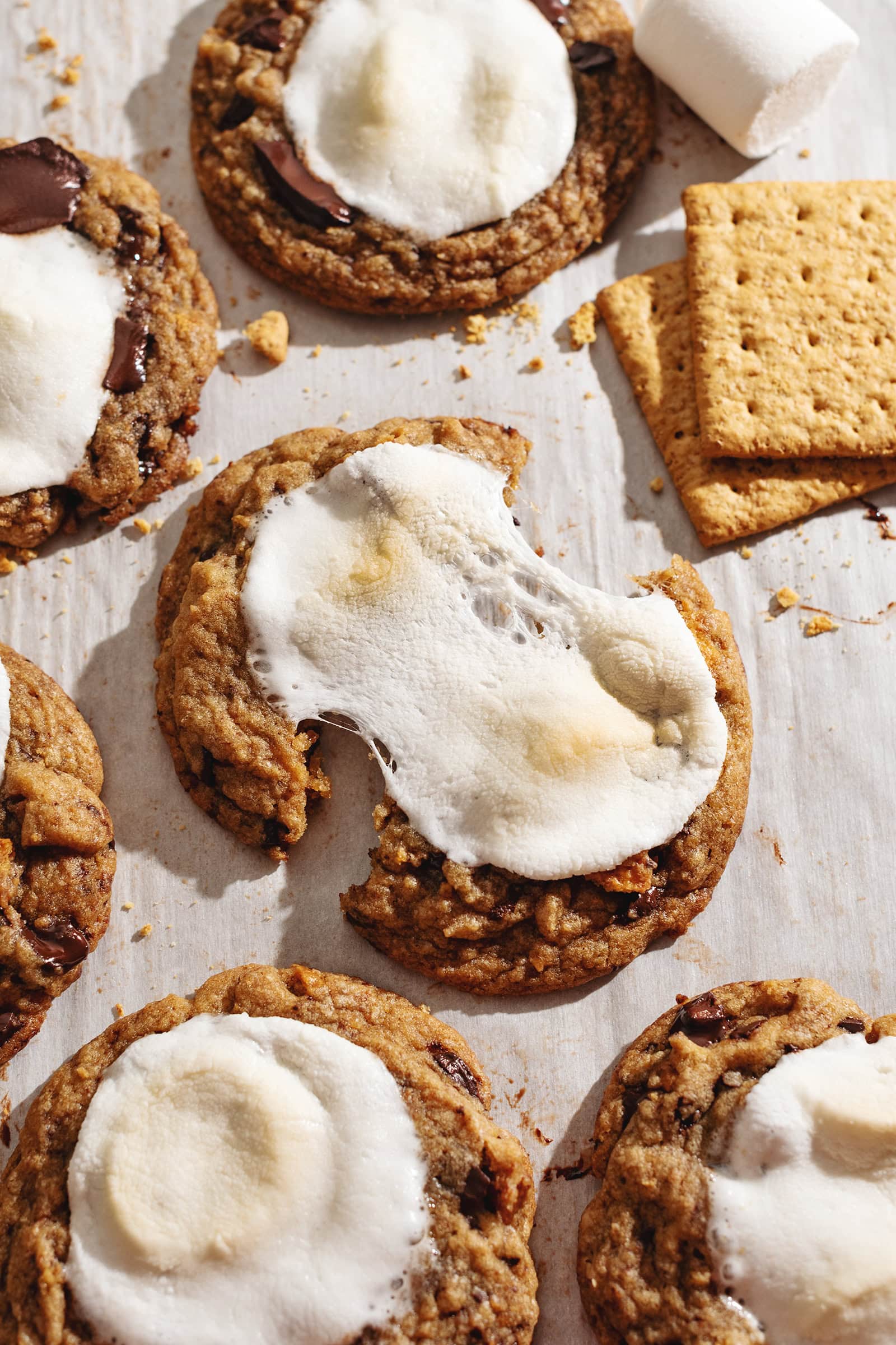 A chocolate chip s'mores cookie pulled apart to show the gooey marshmallow on top.