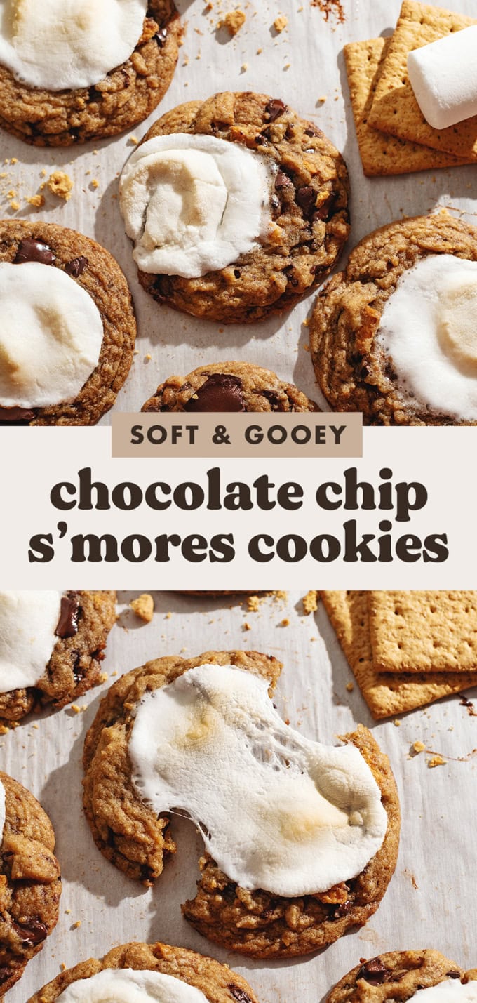 Two images of s'mores cookies with a text overlay that says "soft and gooey chocolate chip s'mores cookies".