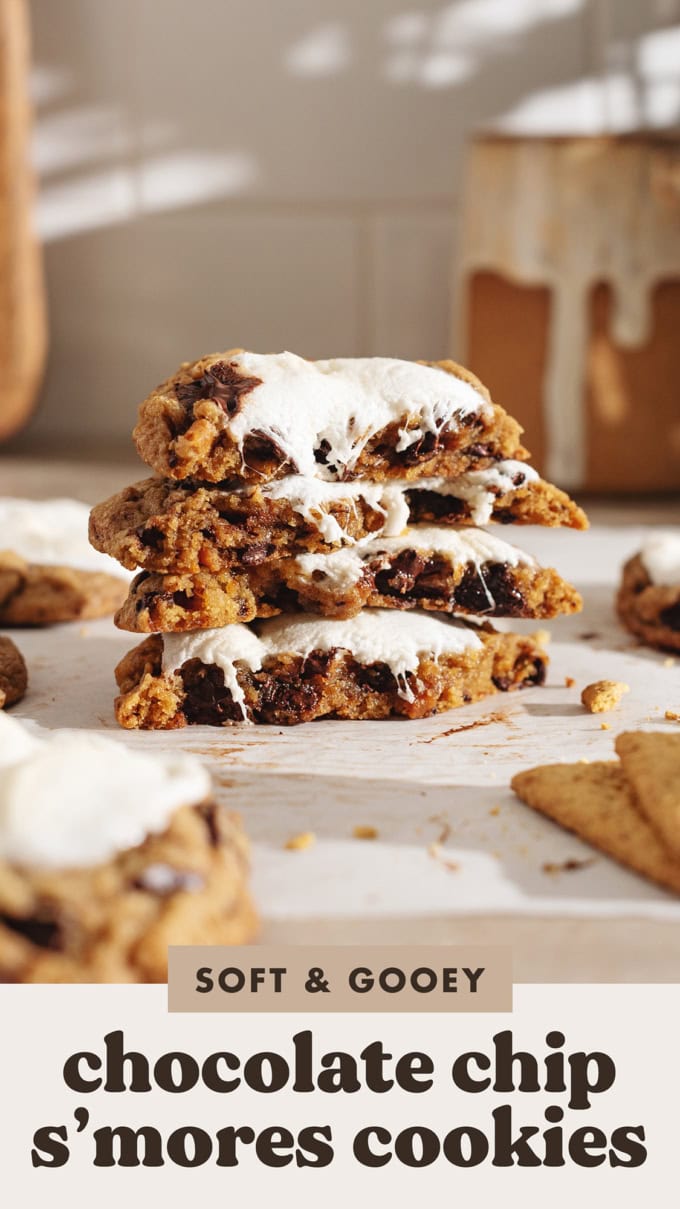 A stack of chocolate chip s'mores cookies cut in half.