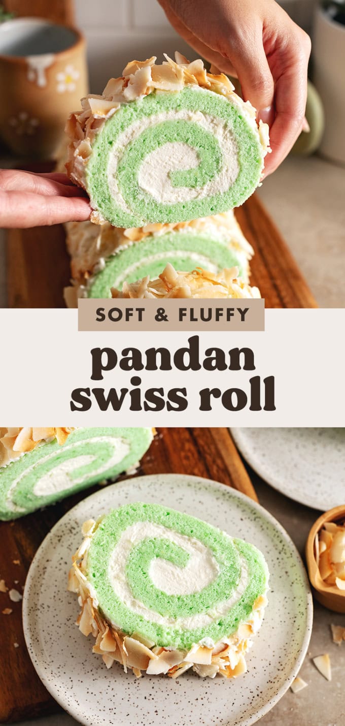 Two images of a pandan swiss roll cake with a text overlay that says "soft and fluffy pandan swiss roll".