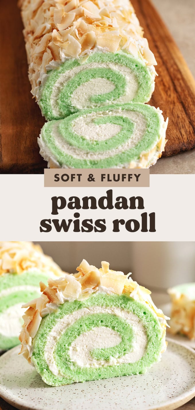 Two images of a pandan swiss roll cake with a text overlay that says "soft and fluffy pandan swiss roll".