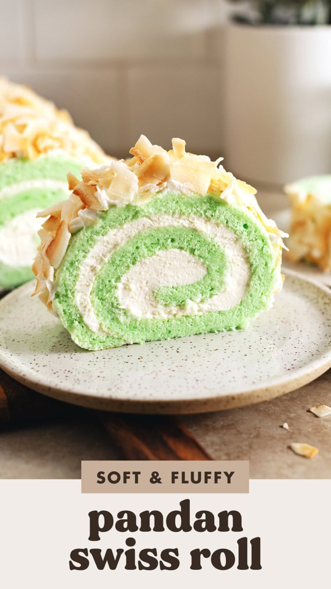 A slice of pandan swiss roll on a plate.