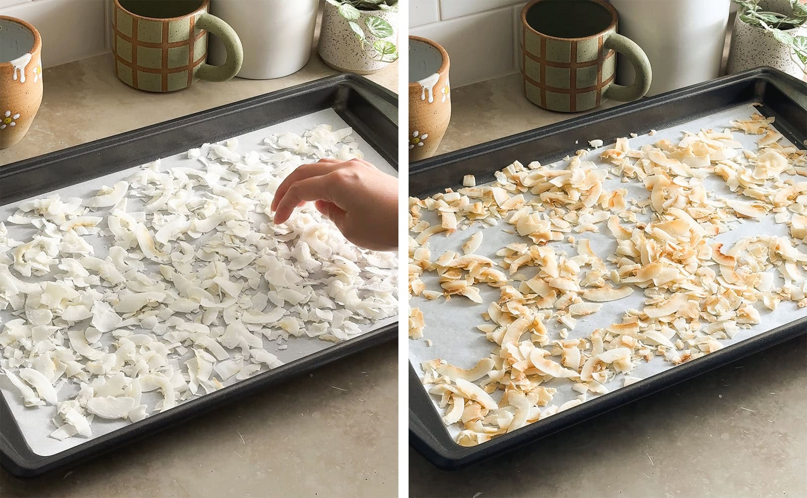 Left to right: hand spreading coconut flakes on a baking sheet, toasted coconut flakes on a baking sheet.