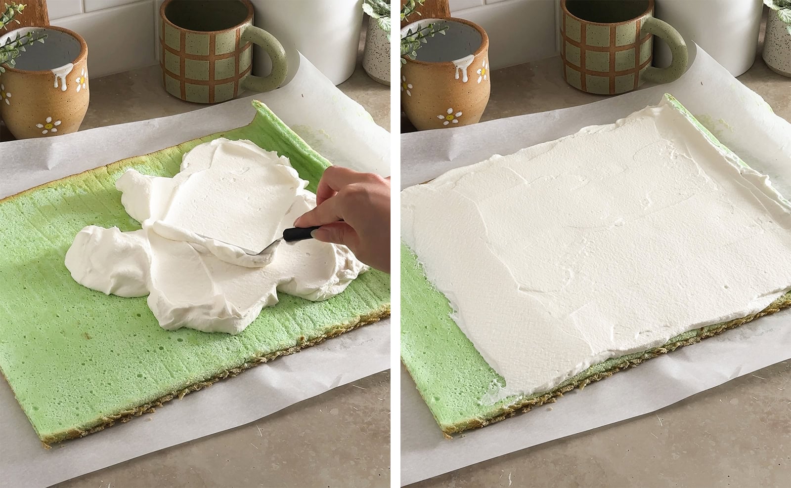 Left to right: spreading whipped cream on a cake sheet with an offset spatula, layer of whipped cream on a cake sheet.