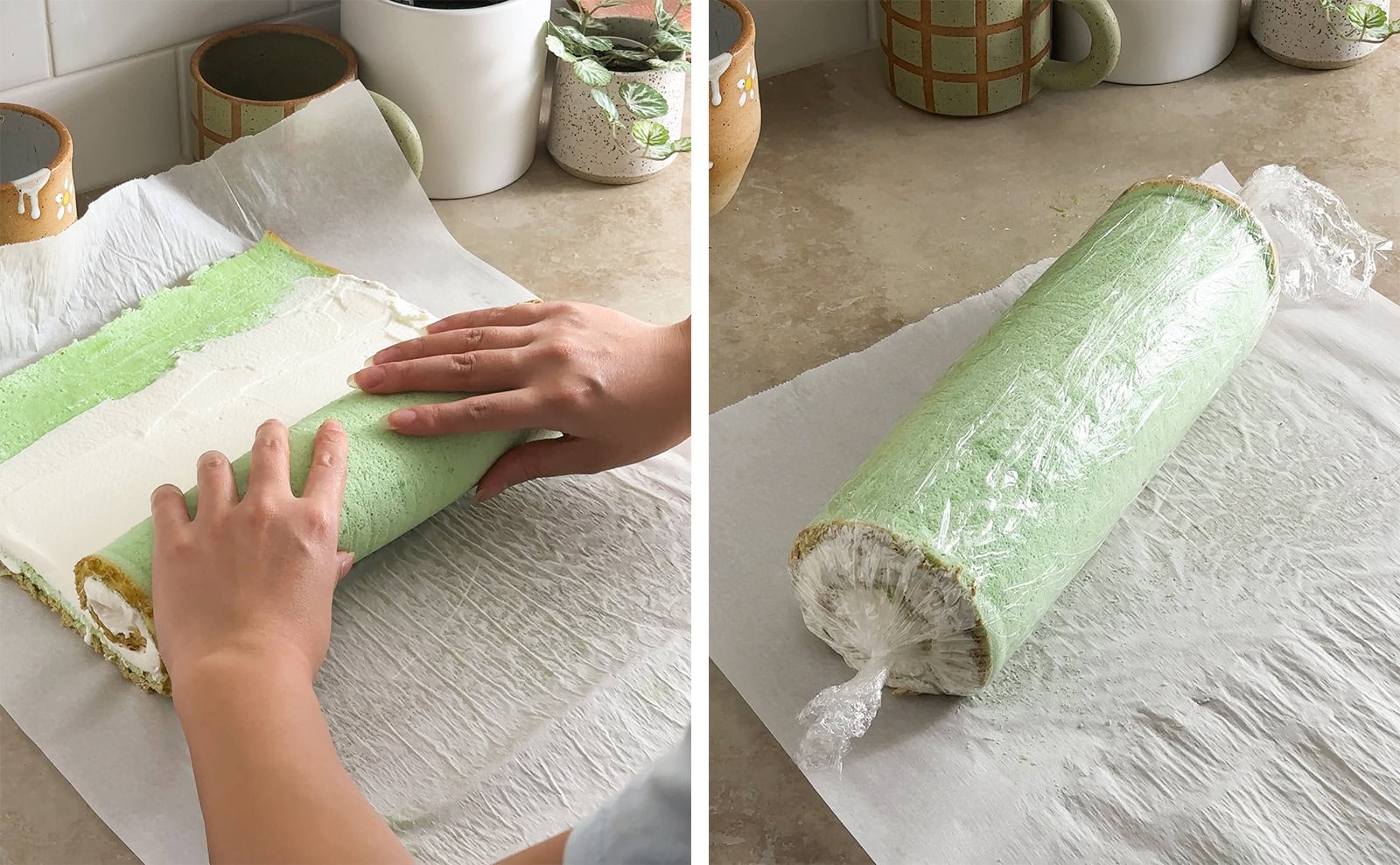 Left to right: hands rolling pandan roll cake up, cake roll wrapped in plastic wrap.