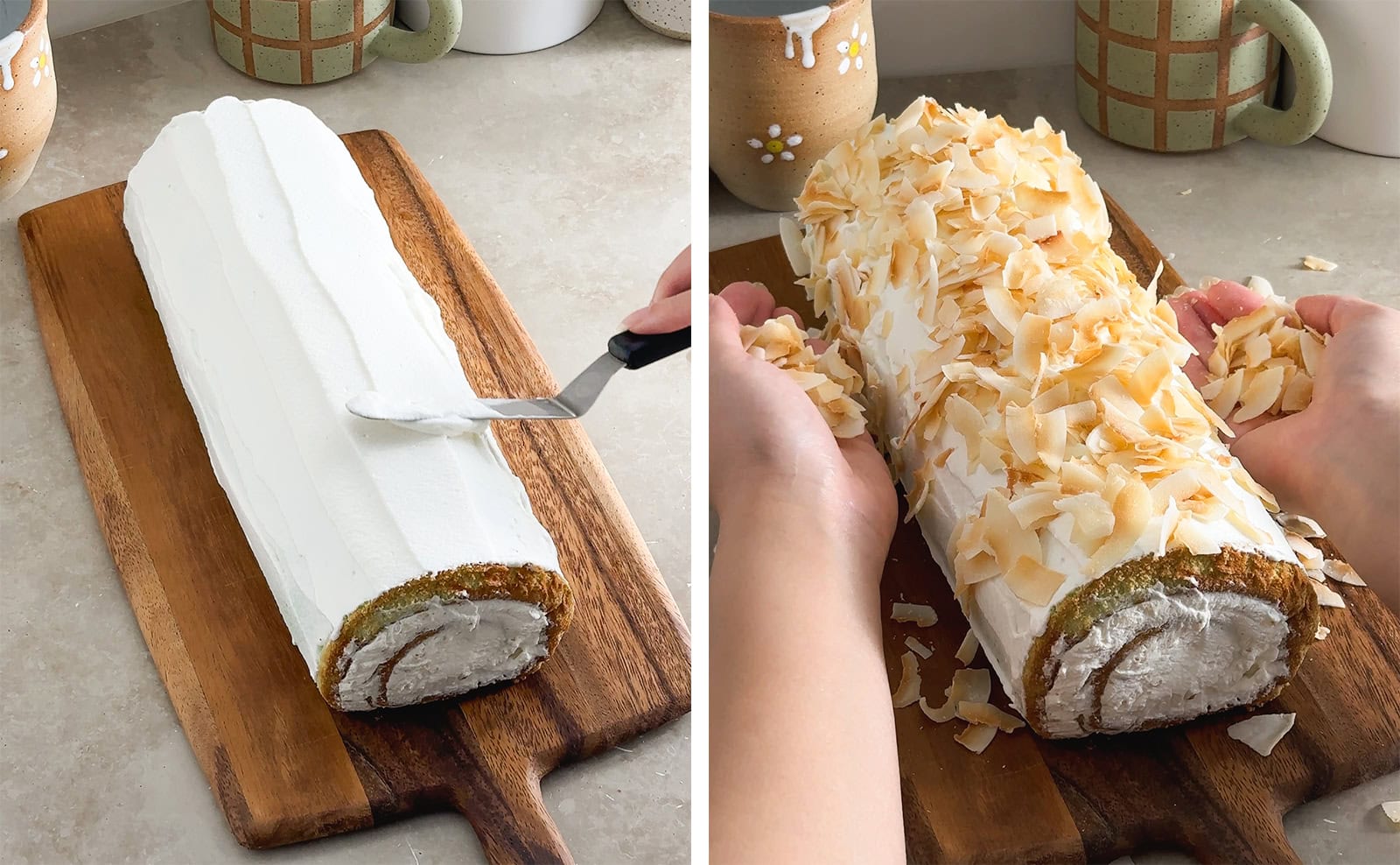 Left to right: spreading whipped cream on outside of roll cake, hands pressing handfuls of toasted coconut flakes onto roll cake.