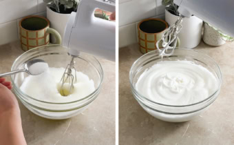 Left to right: sprinkling a spoonful of sugar into egg whites while beating with hand mixer, lifting hand mixer out of meringue to show the stiff peaks.