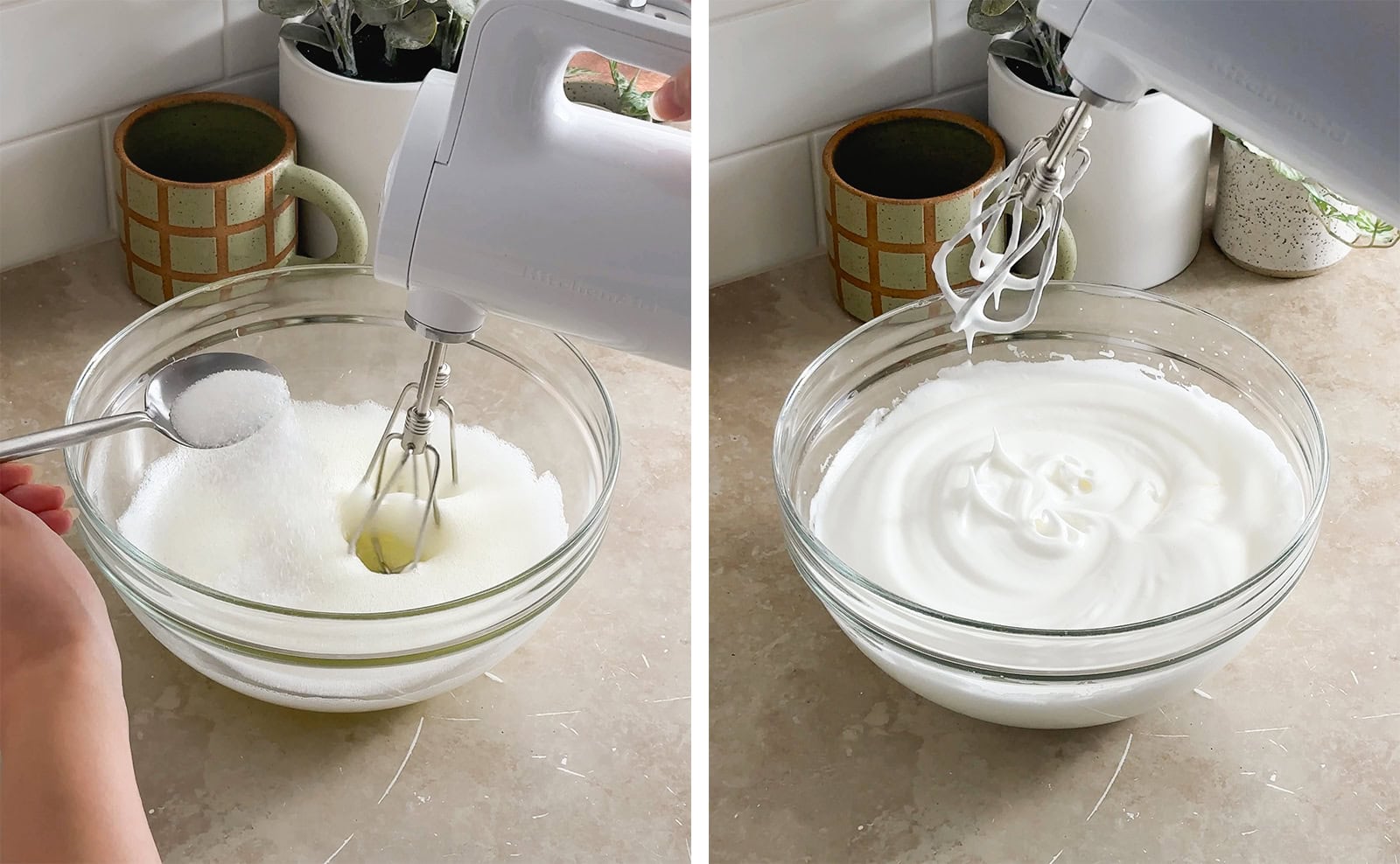 Left to right: sprinkling a spoonful of sugar into egg whites while beating with hand mixer, lifting hand mixer out of meringue to show the stiff peaks.