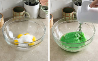 Left to right: egg yolks and sugar in a mixing bowl, mixing green batter with a hand mixer.