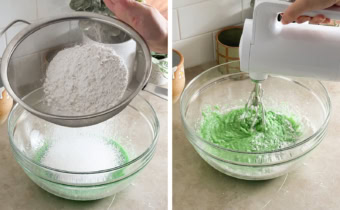 Left to right: sifting flour into bowl of cake batter, mixing cake batter with a hand mixer.