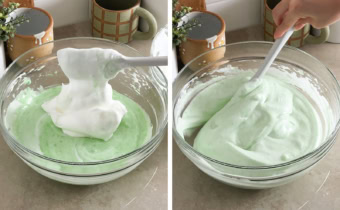 Left to right: dropping meringue into bowl of cake batter from a spatula, folding chiffon cake batter with a spatula.