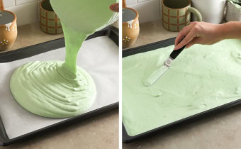 Left to right: pouring pandan cake batter into baking tray, smoothing cake batter into baking tray with a spatula.
