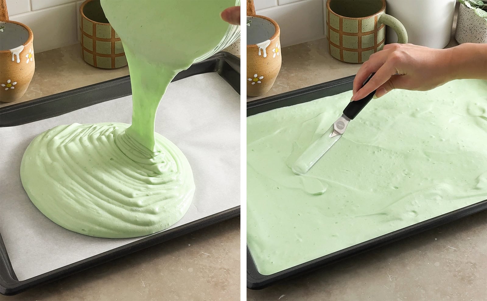 Left to right: pouring pandan cake batter into baking tray, smoothing cake batter into baking tray with a spatula.