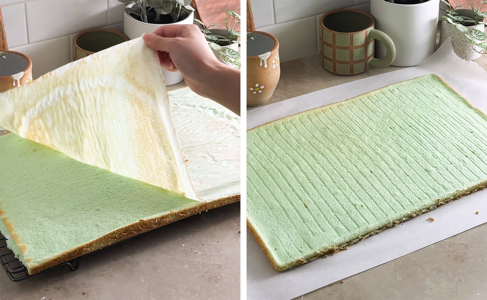 Left to right: hand peeling parchment paper off of baked cake sheet, pandan chiffon cake sheet on parchment paper.
