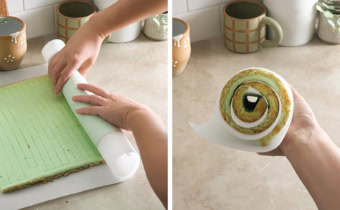Left to right: hands rolling cake sheet up with parchment paper, hand holding rolled-up cake to show the cross-section.