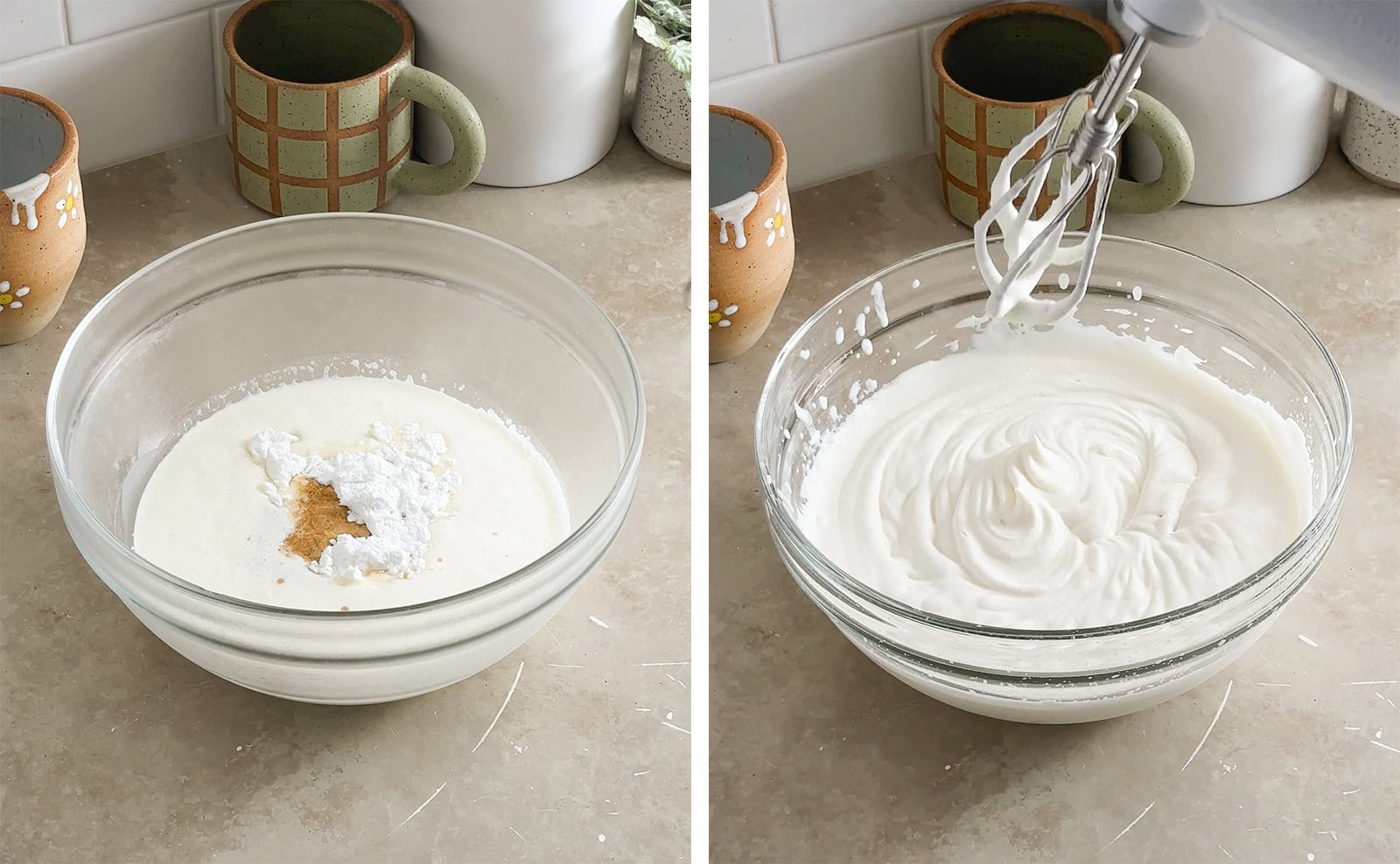 Left to right: ingredients for whipped cream in a mixing bowl, lifting hand mixer out of bowl of whipped cream.