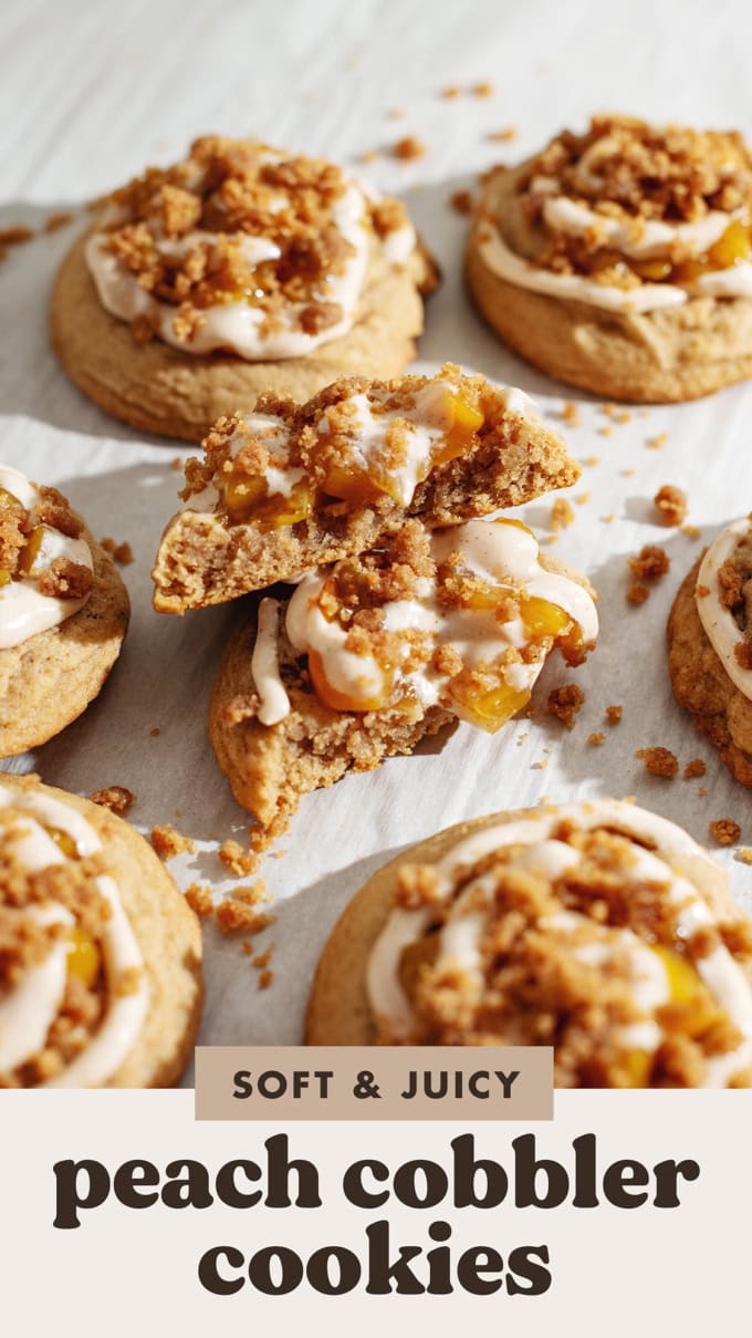 Two peach cobbler cookies cut in half and stacked on top of each other.