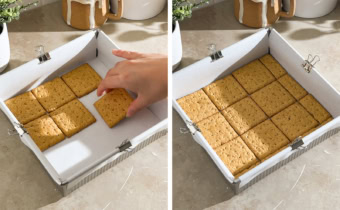Left to right: hand placing a graham cracker into pan, square pan lined with a layer of graham crackers on the bottom.