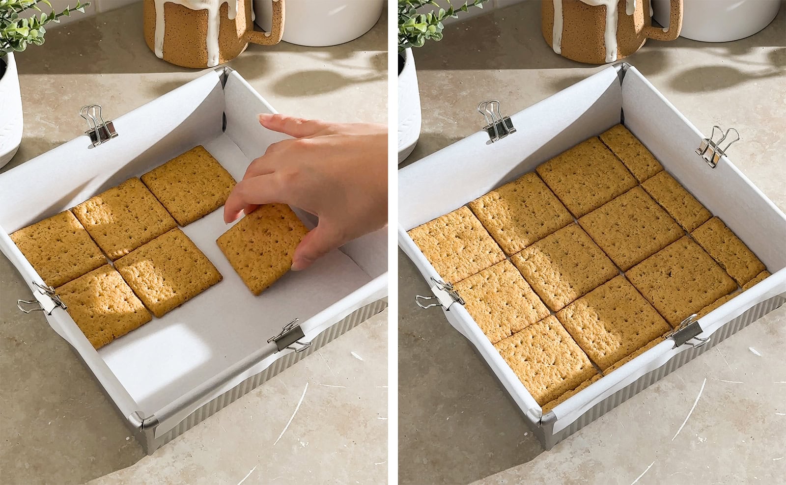 Left to right: hand placing a graham cracker into pan, square pan lined with a layer of graham crackers on the bottom.