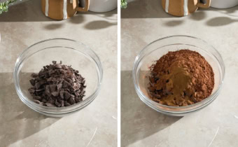 Left to right: chopped chocolate in a mixing bowl, cocoa powder and chocolate in a bowl.