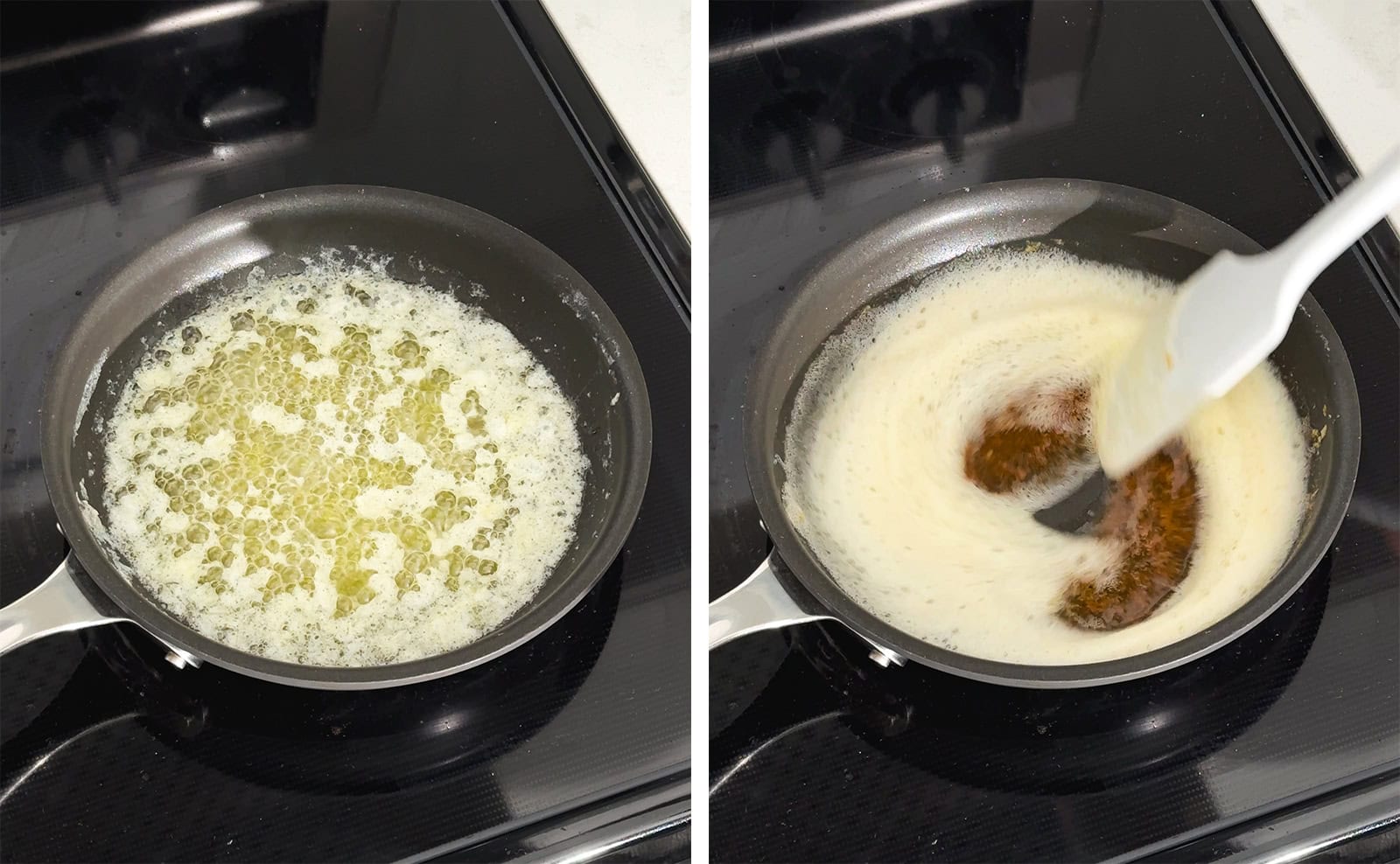 Left to right: bubbling butter in a pan, stirring browned butter in a pan with a spatula.