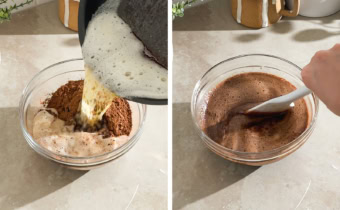 Left to right: pouring browned butter into bowl of chocolate, stirring melted chocolate mixture in a bowl.