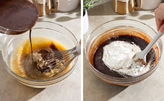 Left to right: pouring melted chocolate mixture into mixing bowl while whisking, folding flour into brownie batter with a spatula.