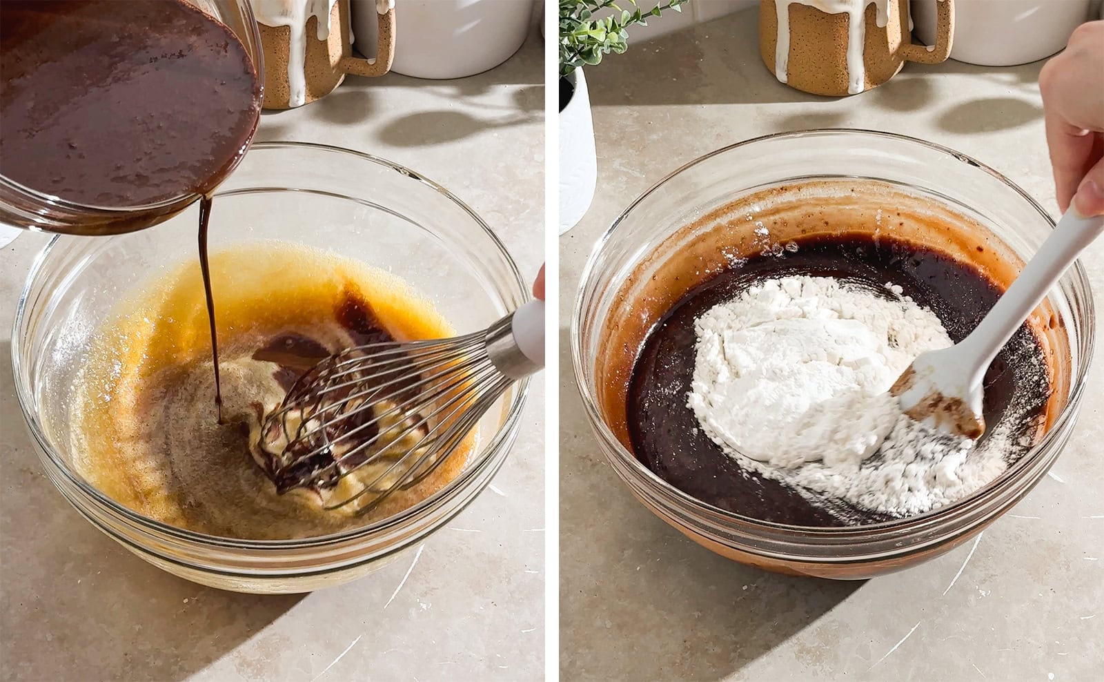 Left to right: pouring melted chocolate mixture into mixing bowl while whisking, folding flour into brownie batter with a spatula.
