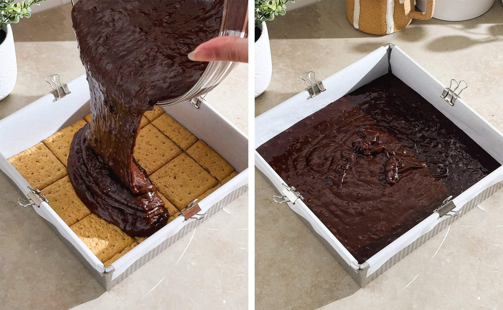 Left to right: pouring brownie batter into pan on top of graham cracker layer, square pan filled with brownie batter.