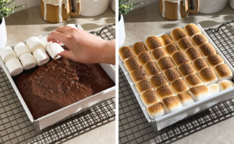 Left to right: hand placing marshmallows in rows on top of baked brownies, rows of toasted marshmallows in a pan.