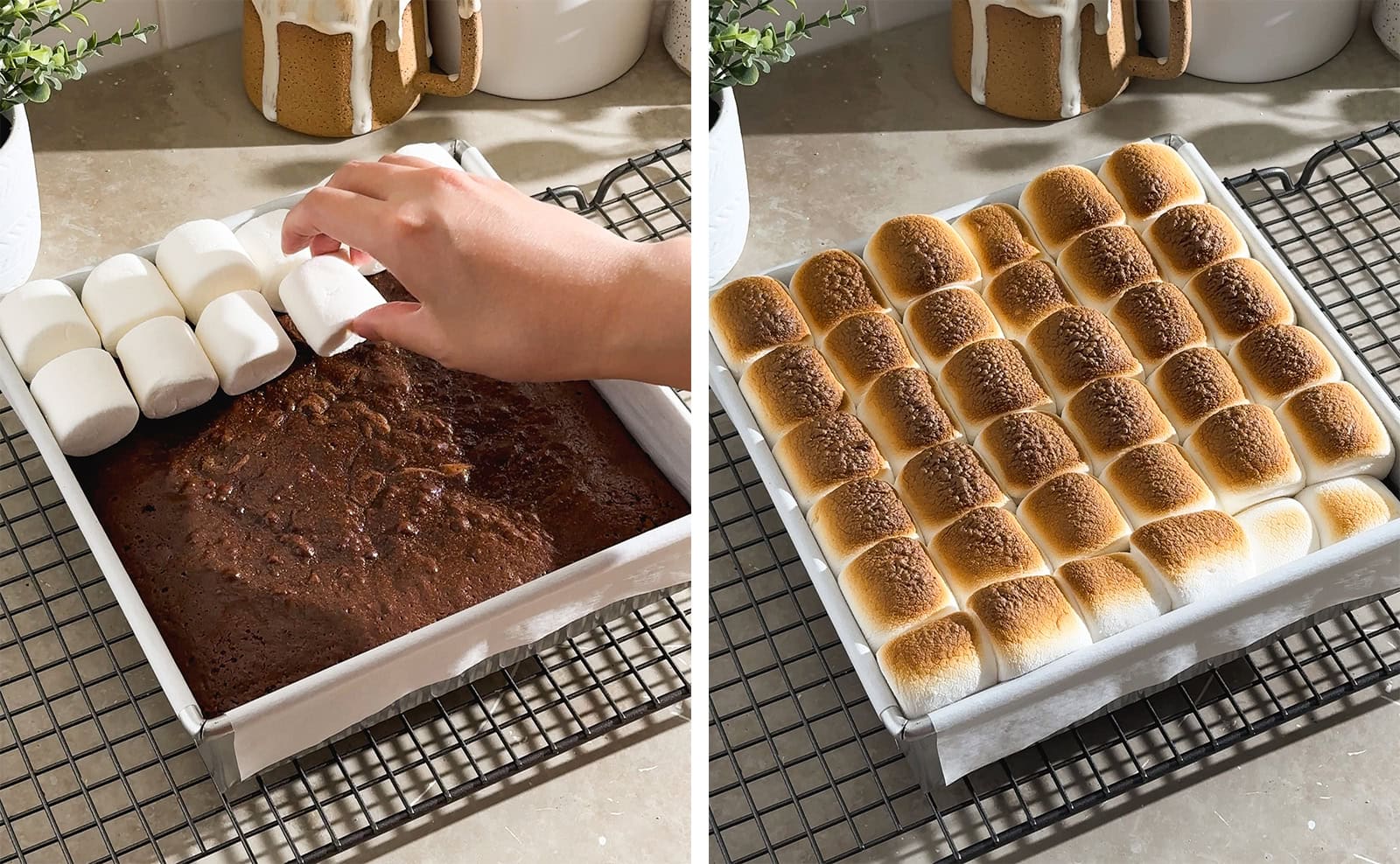 Left to right: hand placing marshmallows in rows on top of baked brownies, rows of toasted marshmallows in a pan.
