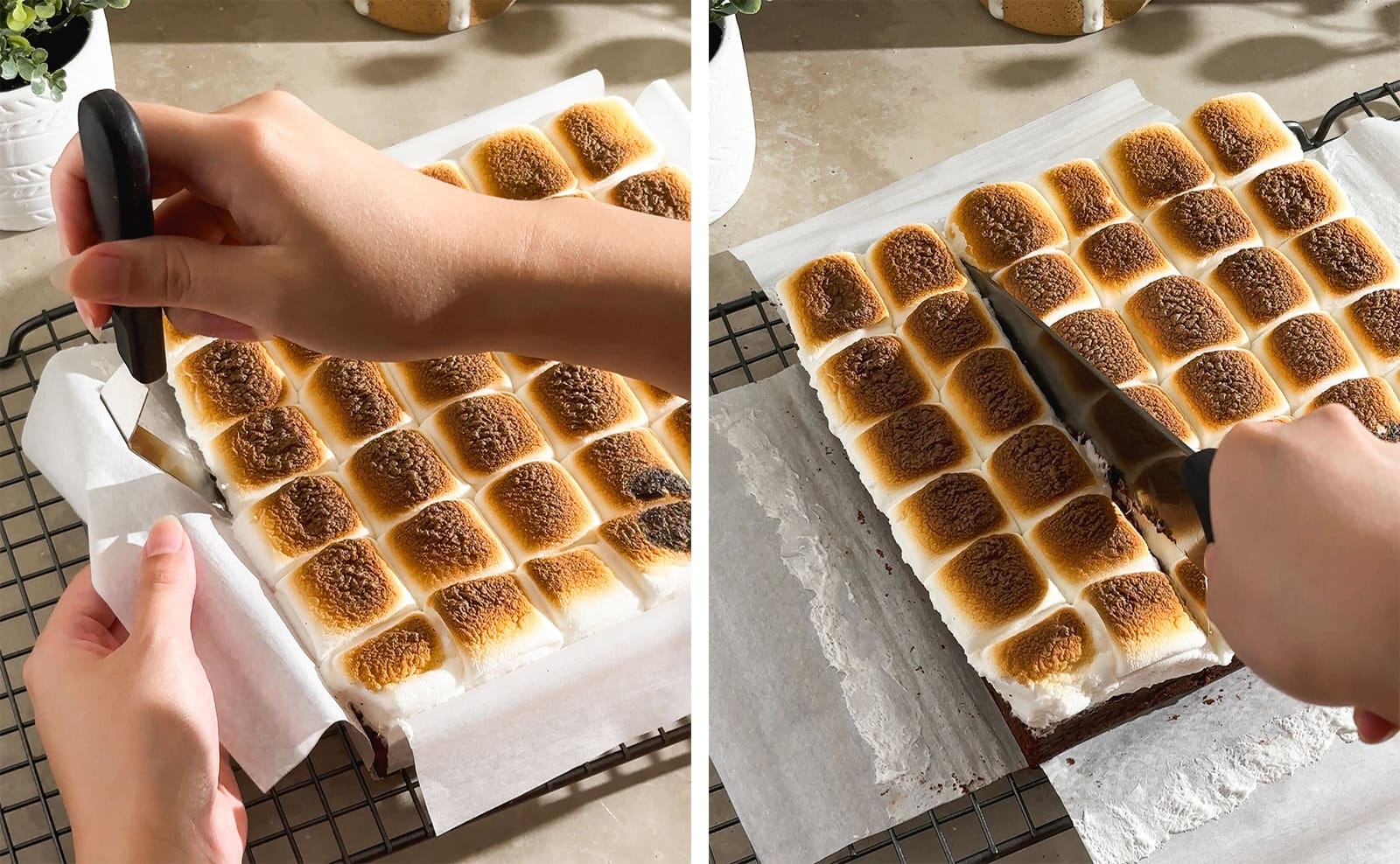 Left to right: sliding offset spatula in between marshmallows and parchment paper to unstick them, slicing s'mores brownies with a knife.