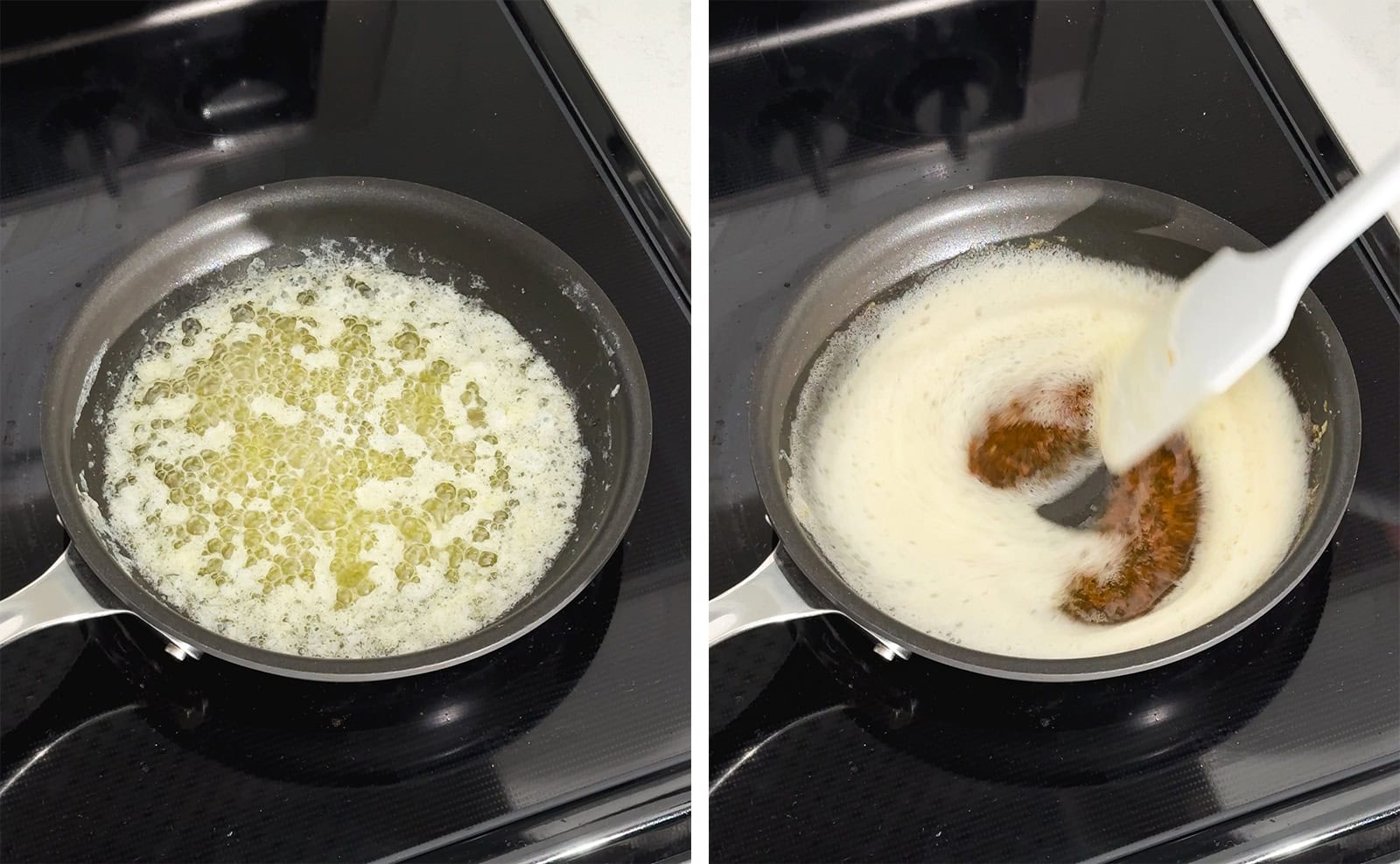 Left to right: melted butter bubbling in a pan, stirring browned butter in a pan.