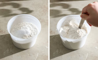 Left to right: dry ingredients in a container, stirring dry ingredients together with a spoon.